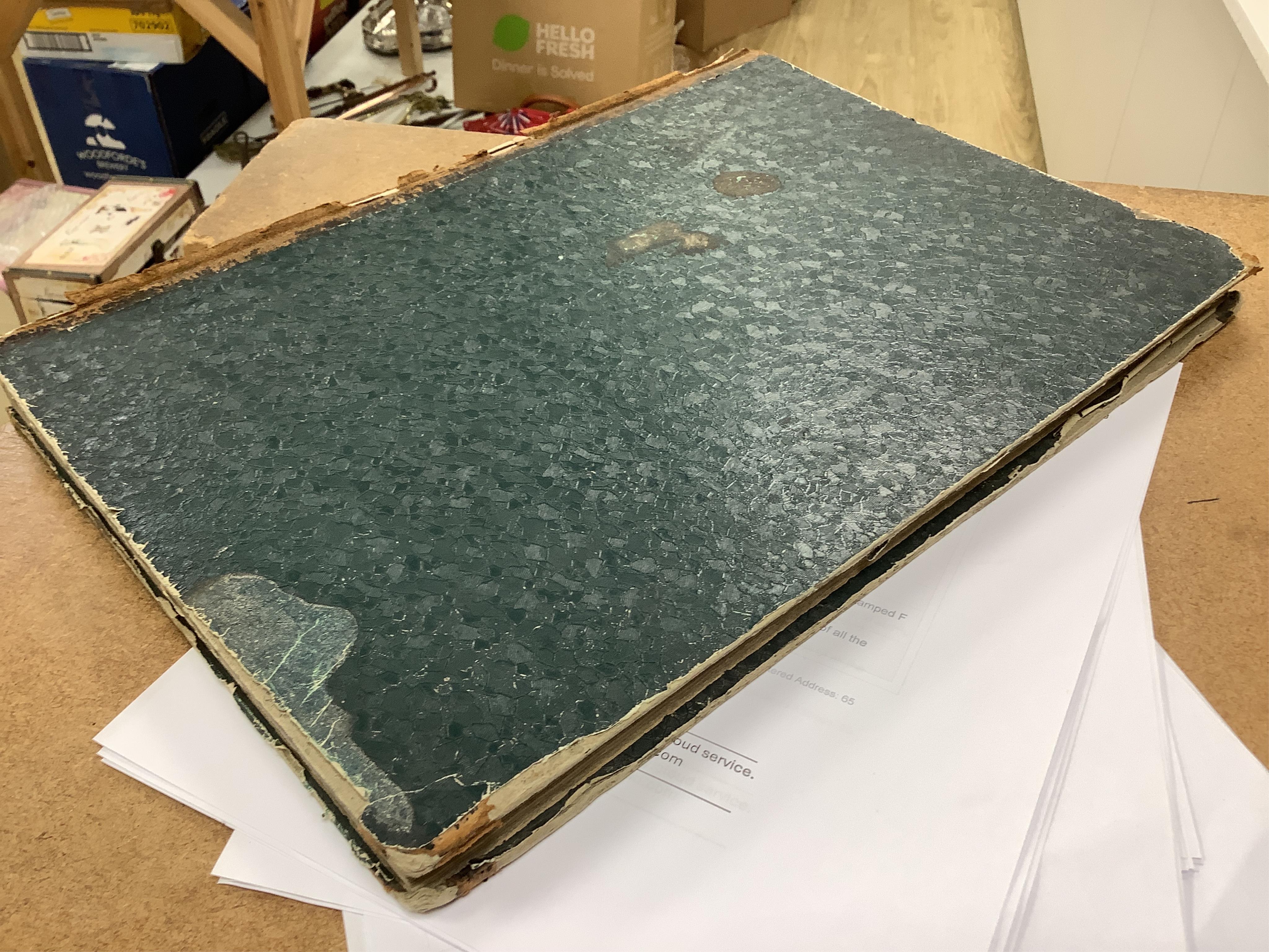 An album of 18th century and later etchings after William Hogarth (1697-1764), to include 'The Reward of Cruelty', 'Strolling Actresses Dressing in a Barn' and 'The Company of Undertakers', with handwritten ink itinerary